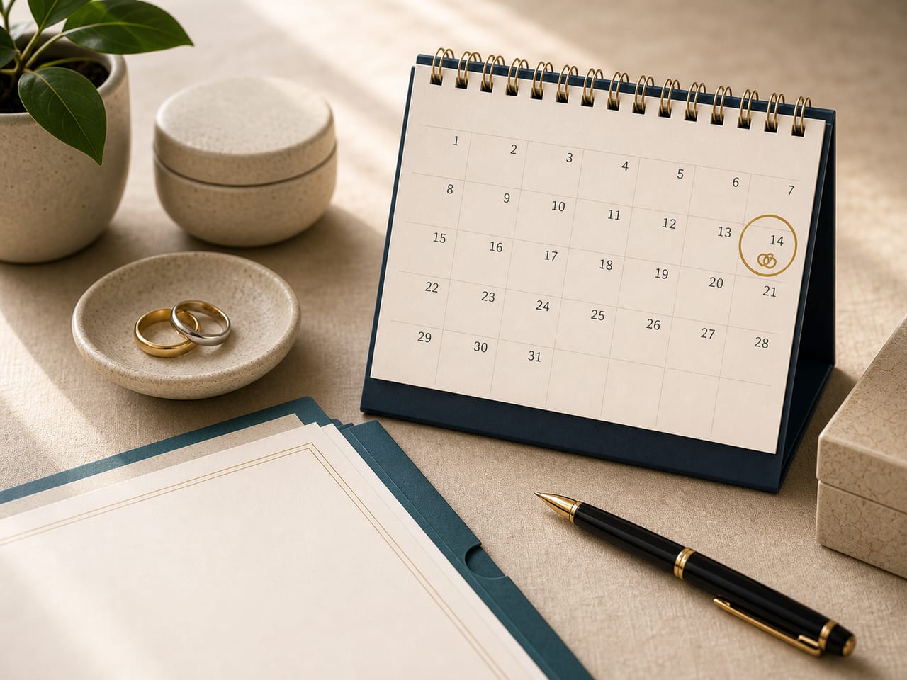 Desk calendar with a circled wedding date beside wedding rings and unsigned prenup documents