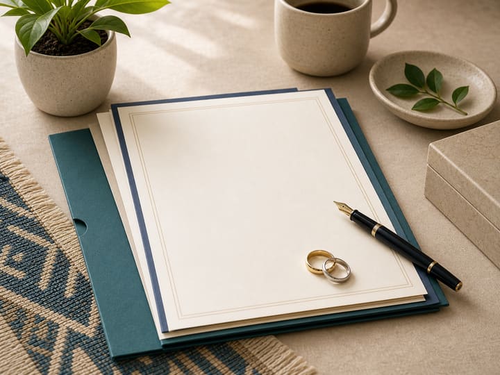 Legal document packet with wedding rings and a pen for a Philippine prenup guide