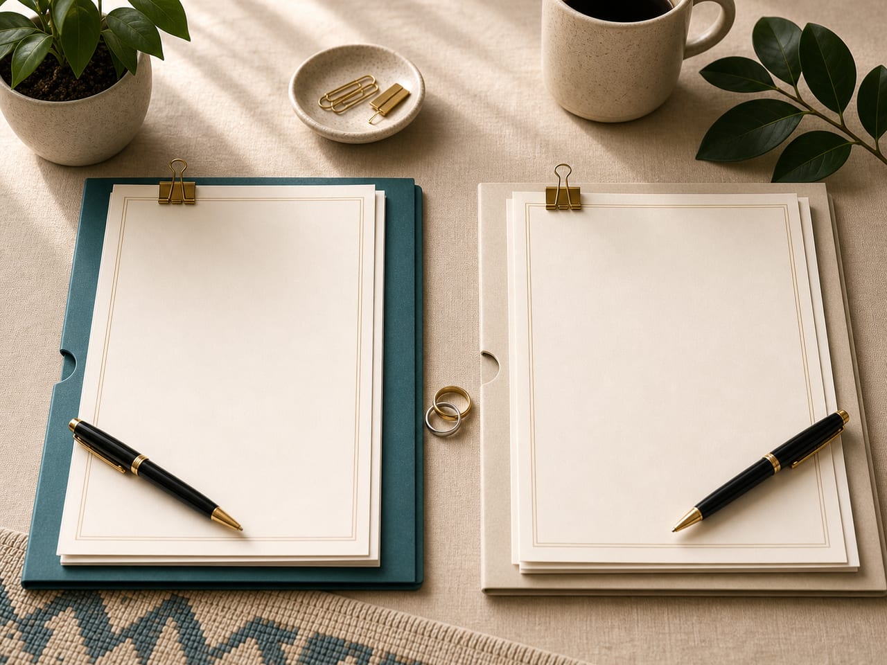Two separate document columns with pens and wedding rings between them
